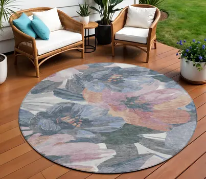 8' Pewter And Gray Round Floral Washable Indoor Outdoor Area Rug