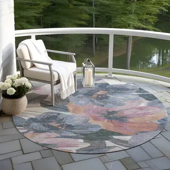 8' Pewter And Gray Round Floral Washable Indoor Outdoor Area Rug
