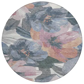 8' Pewter And Gray Round Floral Washable Indoor Outdoor Area Rug
