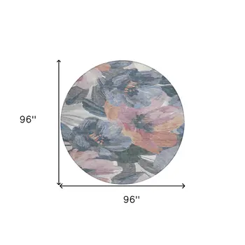 8' Pewter And Gray Round Floral Washable Indoor Outdoor Area Rug