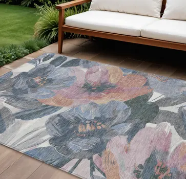 9' X 12' Pewter And Gray Floral Washable Indoor Outdoor Area Rug