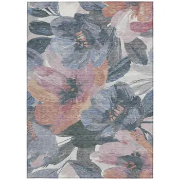 10' X 14' Pewter And Gray Floral Washable Indoor Outdoor Area Rug