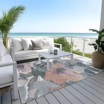 10' X 14' Pewter And Gray Floral Washable Indoor Outdoor Area Rug