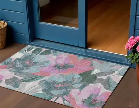3' X 5' Teal Blue And Aqua Floral Washable Indoor Outdoor Area Rug