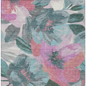 3' X 5' Teal Blue And Aqua Floral Washable Indoor Outdoor Area Rug