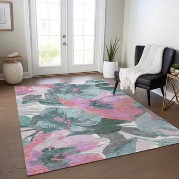 3' X 5' Teal Blue And Aqua Floral Washable Indoor Outdoor Area Rug