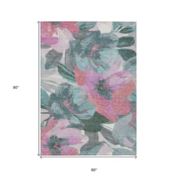 5' X 8' Teal Blue And Aqua Floral Washable Indoor Outdoor Area Rug