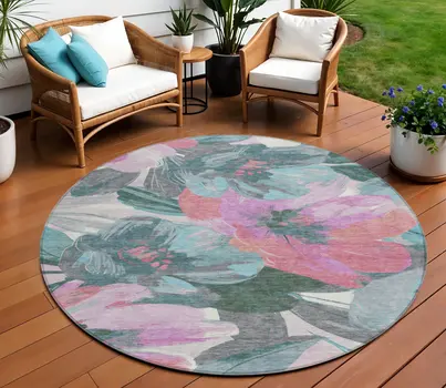 8' Teal Blue And Aqua Round Floral Washable Indoor Outdoor Area Rug