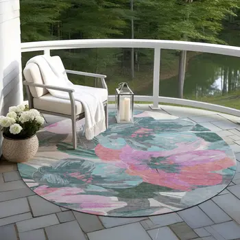 8' Teal Blue And Aqua Round Floral Washable Indoor Outdoor Area Rug