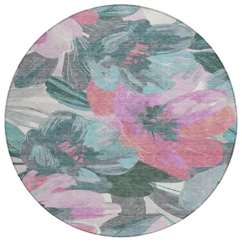 8' Teal Blue And Aqua Round Floral Washable Indoor Outdoor Area Rug