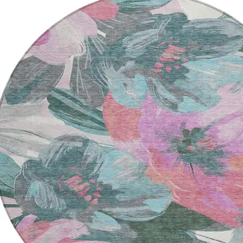 8' Teal Blue And Aqua Round Floral Washable Indoor Outdoor Area Rug