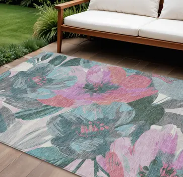 8' X 10' Teal Blue And Aqua Floral Washable Indoor Outdoor Area Rug