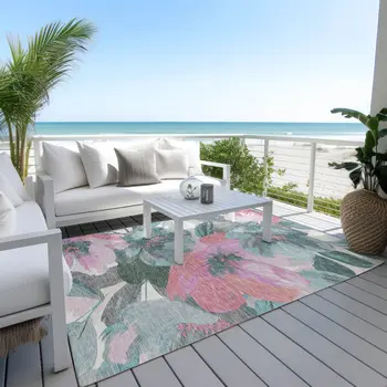 9' X 12' Teal Blue And Aqua Floral Washable Indoor Outdoor Area Rug