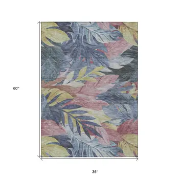 3' X 5' Denim Blue And Blush Floral Washable Indoor Outdoor Area Rug