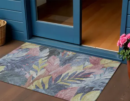 3' X 5' Denim Blue And Blush Floral Washable Indoor Outdoor Area Rug