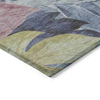 3' X 5' Denim Blue And Blush Floral Washable Indoor Outdoor Area Rug