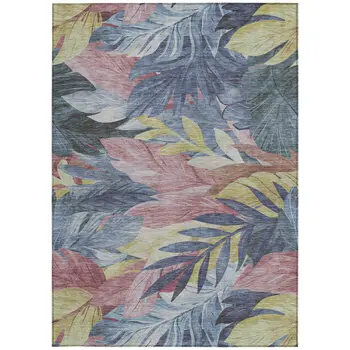 3' X 5' Denim Blue And Blush Floral Washable Indoor Outdoor Area Rug