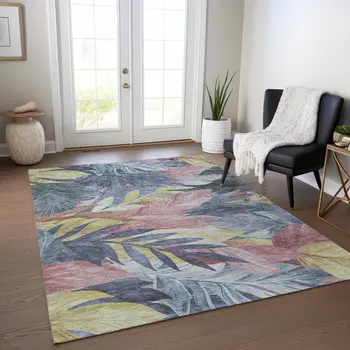 5' X 8' Denim Blue And Blush Floral Washable Indoor Outdoor Area Rug