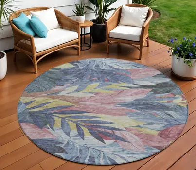 8' Denim Blue And Blush Round Floral Washable Indoor Outdoor Area Rug