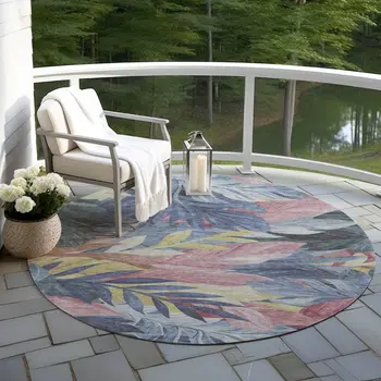 8' Denim Blue And Blush Round Floral Washable Indoor Outdoor Area Rug