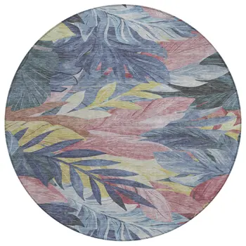 8' Denim Blue And Blush Round Floral Washable Indoor Outdoor Area Rug