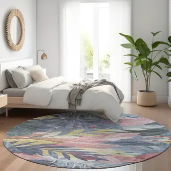8' Denim Blue And Blush Round Floral Washable Indoor Outdoor Area Rug