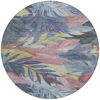 8' Denim Blue And Blush Round Floral Washable Indoor Outdoor Area Rug