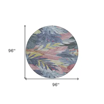 8' Denim Blue And Blush Round Floral Washable Indoor Outdoor Area Rug