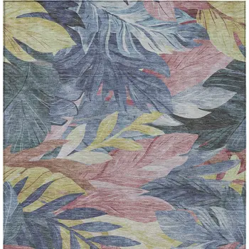 8' X 10' Denim Blue And Blush Floral Washable Indoor Outdoor Area Rug