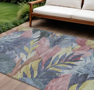 8' X 10' Denim Blue And Blush Floral Washable Indoor Outdoor Area Rug