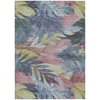 8' X 10' Denim Blue And Blush Floral Washable Indoor Outdoor Area Rug