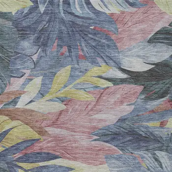 8' X 10' Denim Blue And Blush Floral Washable Indoor Outdoor Area Rug