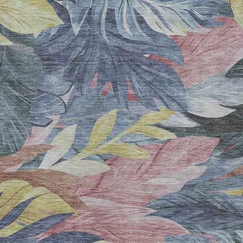 10' X 14' Denim Blue And Blush Floral Washable Indoor Outdoor Area Rug