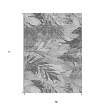 3' X 5' Gray And Silver Floral Washable Indoor Outdoor Area Rug