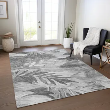 3' X 5' Gray And Silver Floral Washable Indoor Outdoor Area Rug