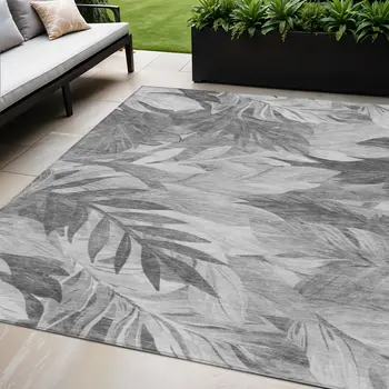 5' X 8' Gray And Silver Floral Washable Indoor Outdoor Area Rug