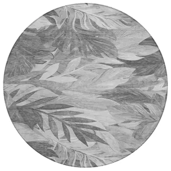8' Gray And Silver Round Floral Washable Indoor Outdoor Area Rug