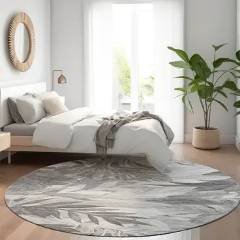 8' Gray And Silver Round Floral Washable Indoor Outdoor Area Rug