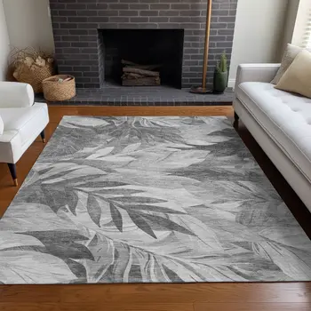 8' X 10' Gray And Silver Floral Washable Indoor Outdoor Area Rug