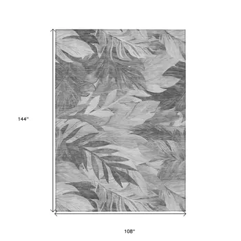 9' X 12' Gray And Silver Floral Washable Indoor Outdoor Area Rug