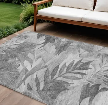 9' X 12' Gray And Silver Floral Washable Indoor Outdoor Area Rug