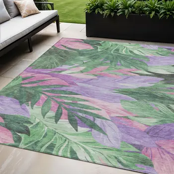 5' X 8' Sage And Mint Green Floral Washable Indoor Outdoor Area Rug