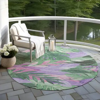 8' Sage And Mint Green Round Floral Washable Indoor Outdoor Area Rug