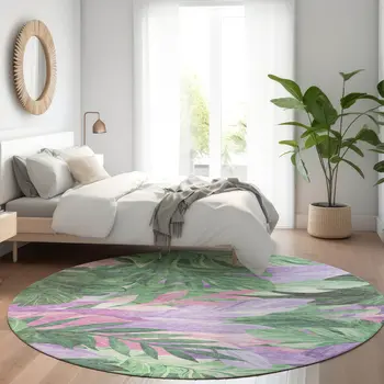 8' Sage And Mint Green Round Floral Washable Indoor Outdoor Area Rug