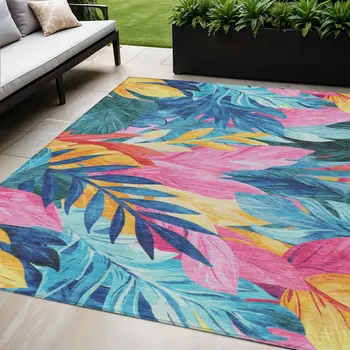 5' X 8' Sky Blue And Pink Floral Washable Indoor Outdoor Area Rug
