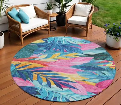 8' Sky Blue And Pink Round Floral Washable Indoor Outdoor Area Rug
