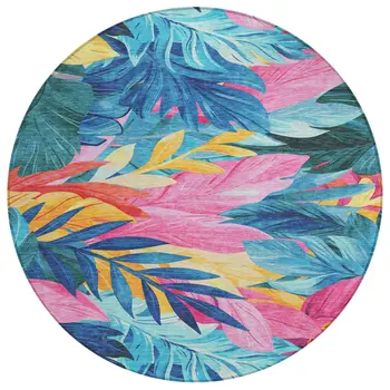 8' Sky Blue And Pink Round Floral Washable Indoor Outdoor Area Rug