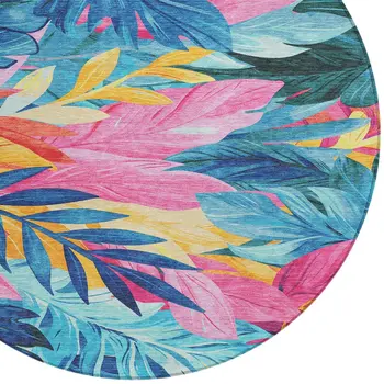 8' Sky Blue And Pink Round Floral Washable Indoor Outdoor Area Rug