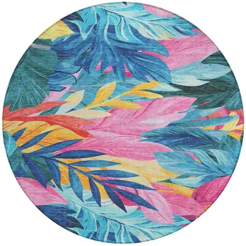 8' Sky Blue And Pink Round Floral Washable Indoor Outdoor Area Rug