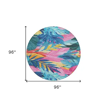 8' Sky Blue And Pink Round Floral Washable Indoor Outdoor Area Rug